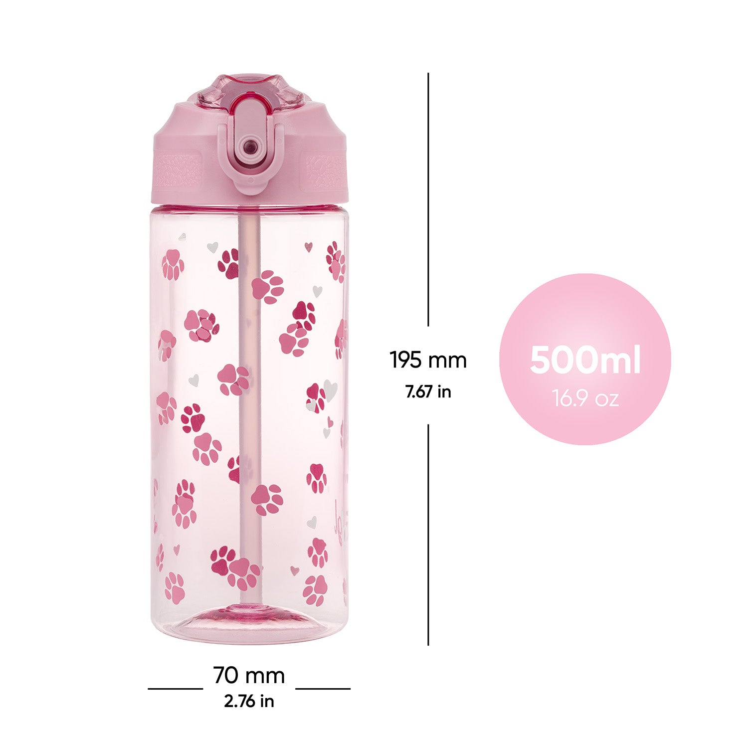 Tritanová láhev na pití s brčkem Tlapky, 500 ml